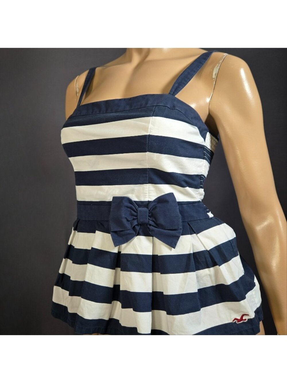 Hollister Navy and White Striped Babydoll Bow Peplum Tank Top